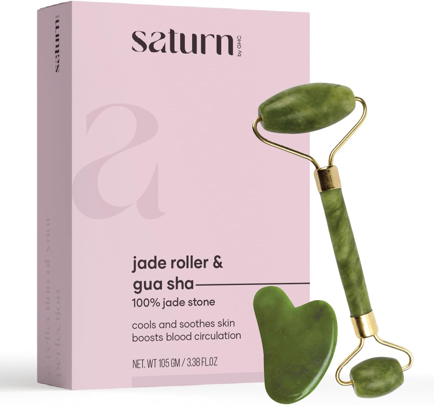 saturn by GHC Jade Roller & Gua Sha Set – Natural Green Jade Facial Massage Tool for Anti-Aging, Wrinkle Reduction, and Muscle Relaxation – Skincare Roller for Face, Neck, and Eyes