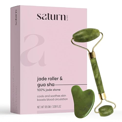 Saturn by GHC Auténtico juego de rodillos de jade de cuarzo rosa y Gua Sha – Herramientas de masaje facial premium para revitalización y