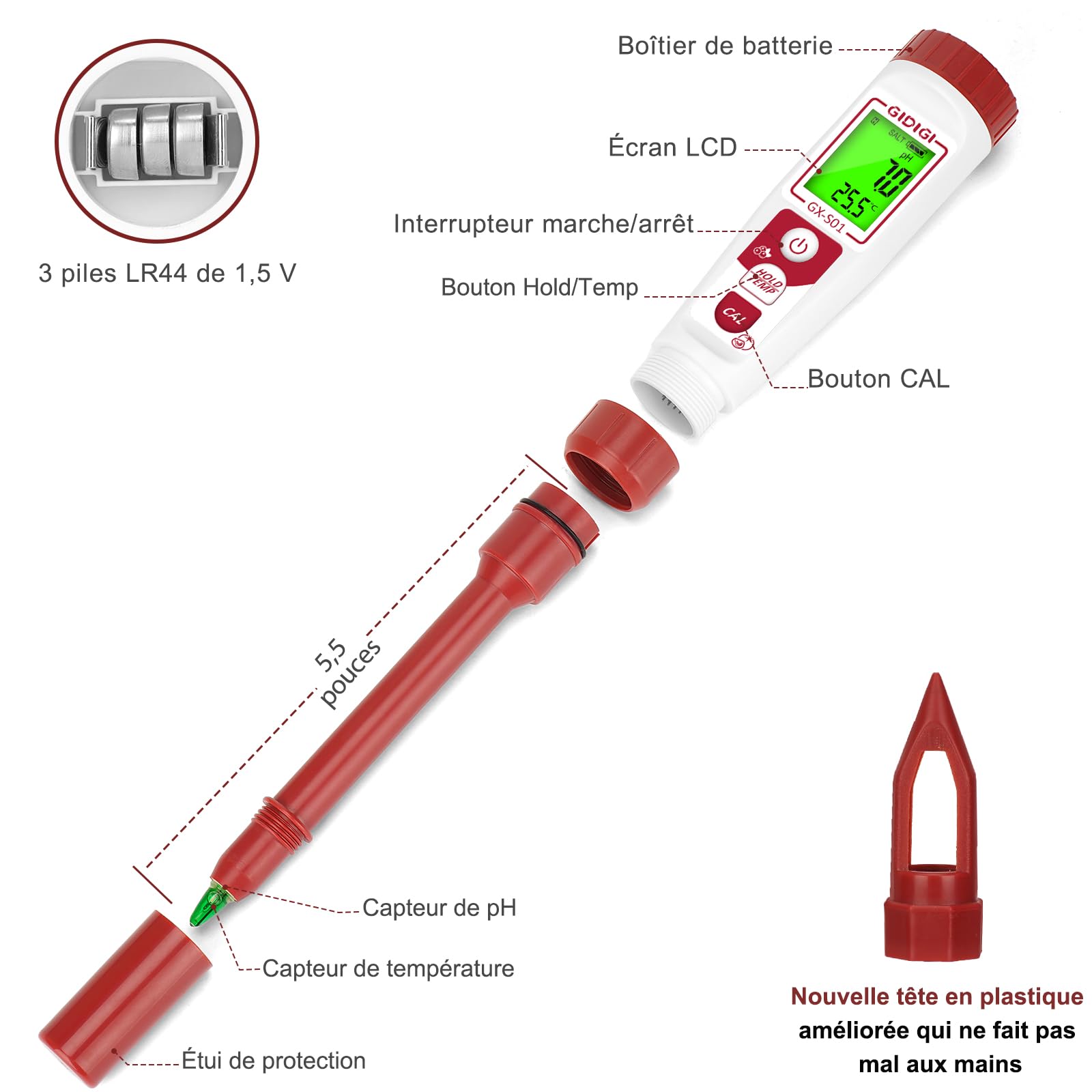 Testeur de pH pour sol numérique, testeur de pH pour sol pour plantes en pot, kit de test de pH électronique pour jardin, pelouse, intérieur et extérieur, serre, agriculture, utilisation dans la cour