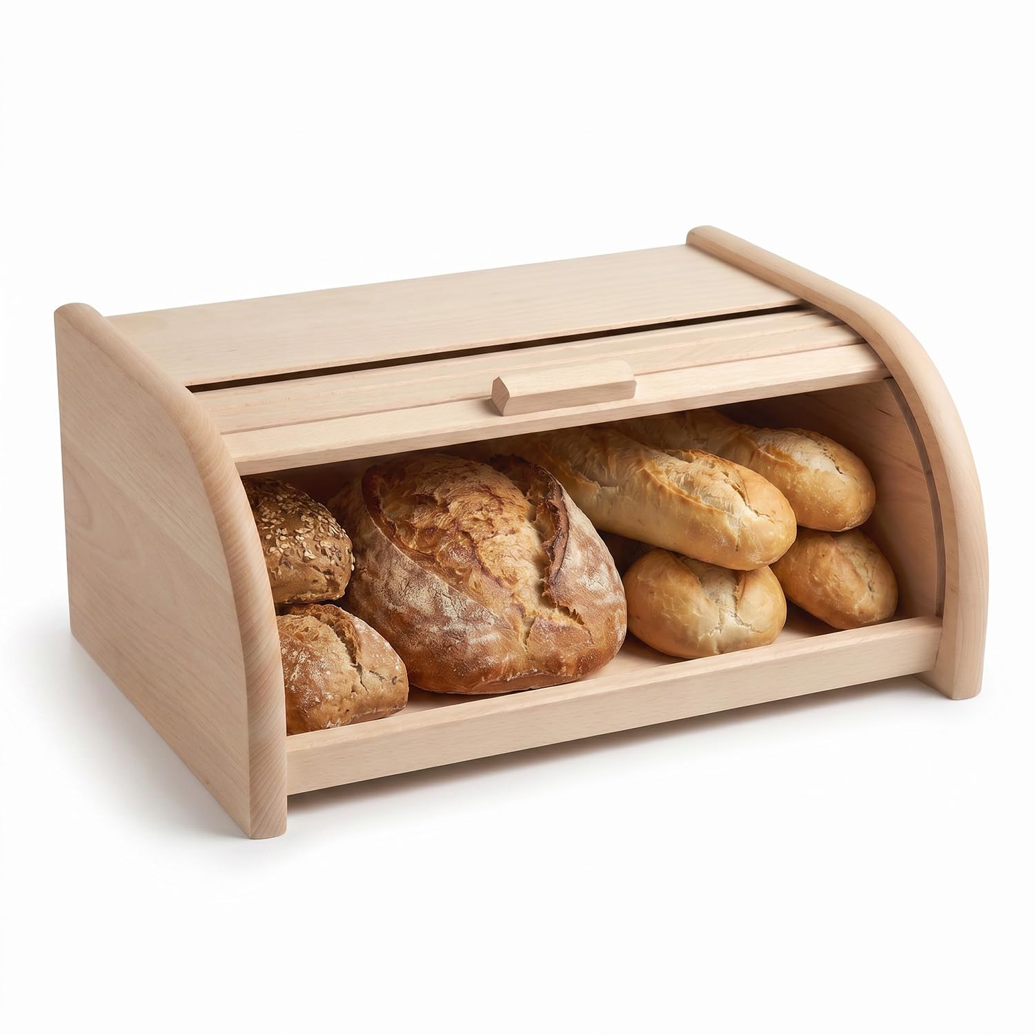 Brotkasten Holz XL mit großer Öffnung und Rolltop 39 x 29 x 17,5 cm | 39 x 29 x 17,5 cm, Naturbelassenes Buchenholz, Zeitloser Look, HDF Boden, Leichtgängiger Rolldeckel, Platzsparend