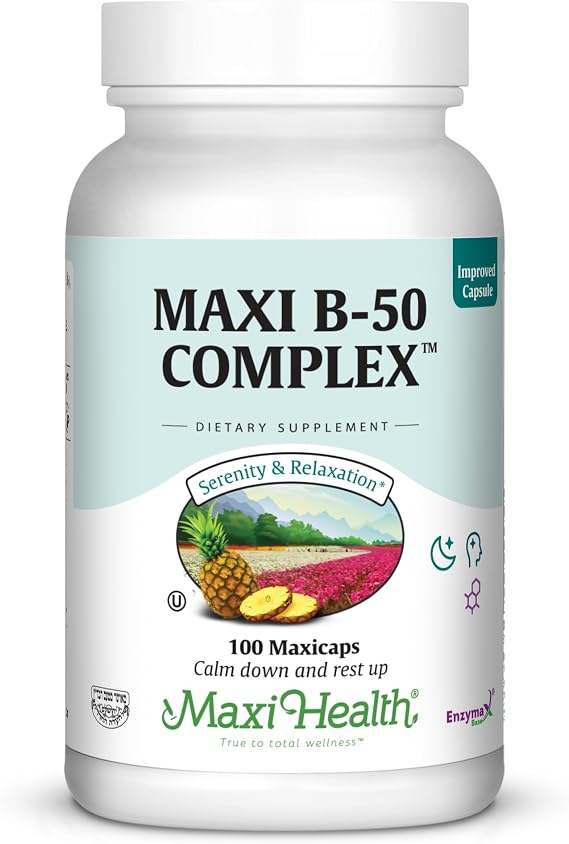 Maxi Health Vitamin B Complex High Potency B Complex Vitamins B-50 with B1, B2, B3, B6, B12, Biotin & Folate Support Cellular Energy & Mental Clarity Kosher 100 Capsules