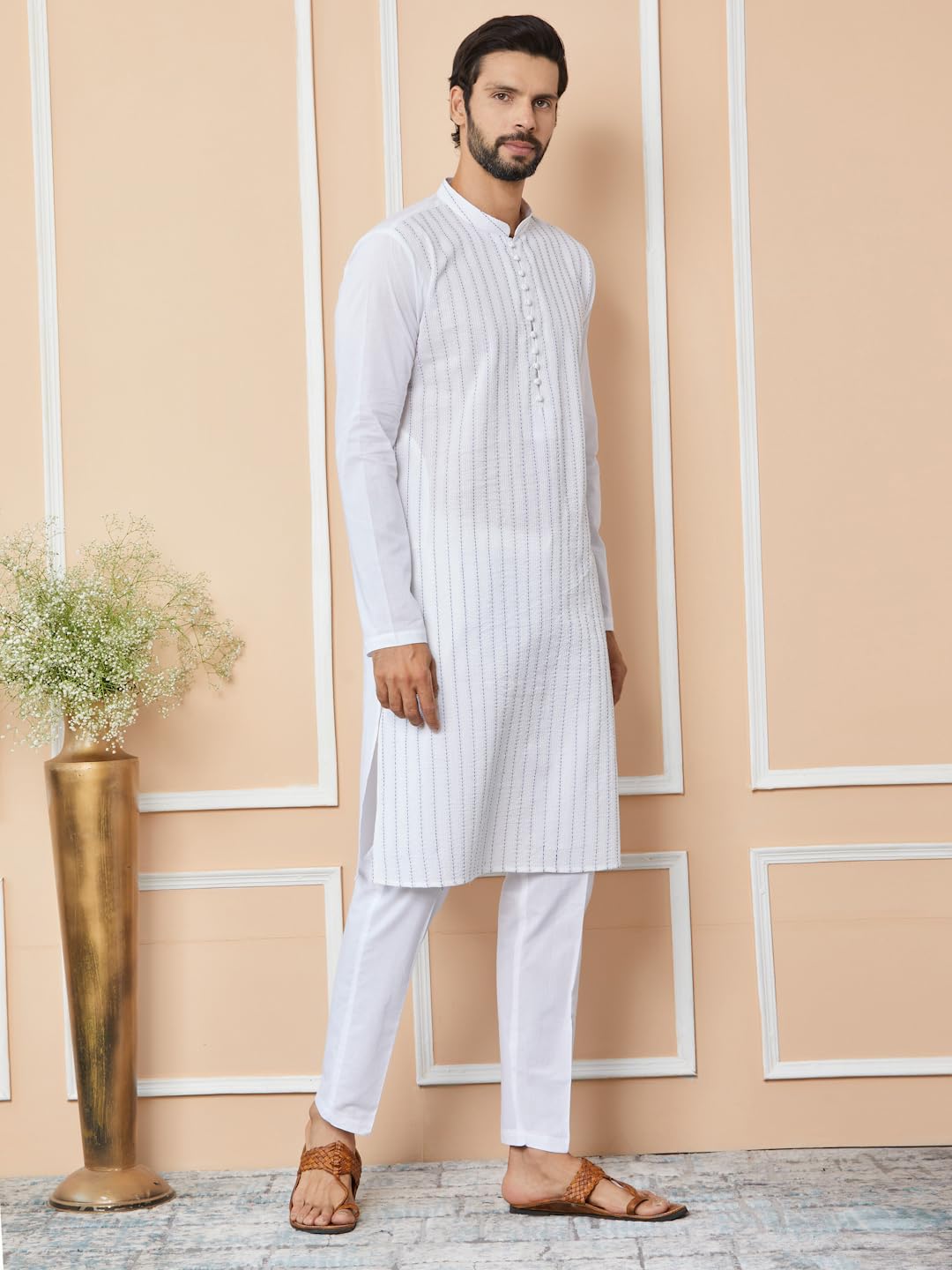 See Designs Men's Long Sleeve Mandarin Collar Side Slit White Thread Worked Pure Cotton Straight Kurta - Sdkt2526Xl
