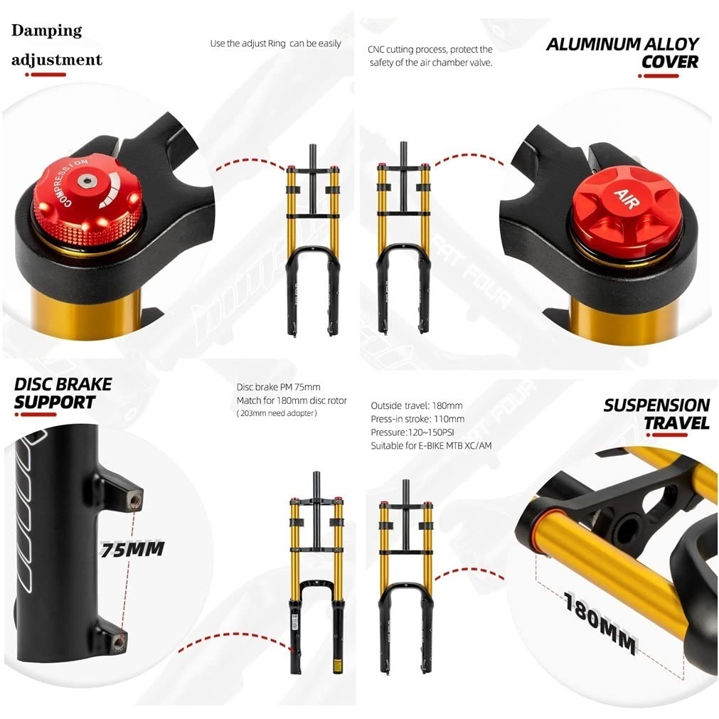 Forcella Ammortizzata per Bici elettriche da 20 Pollici 4.0 Pneumatici Fat Bikes Forcella pneumatica 110mm Ritorno di Viaggio Forcella Anteriore a Doppia Spalla Regolabile 1-1/8'' QR 9mm per Snow BEA
