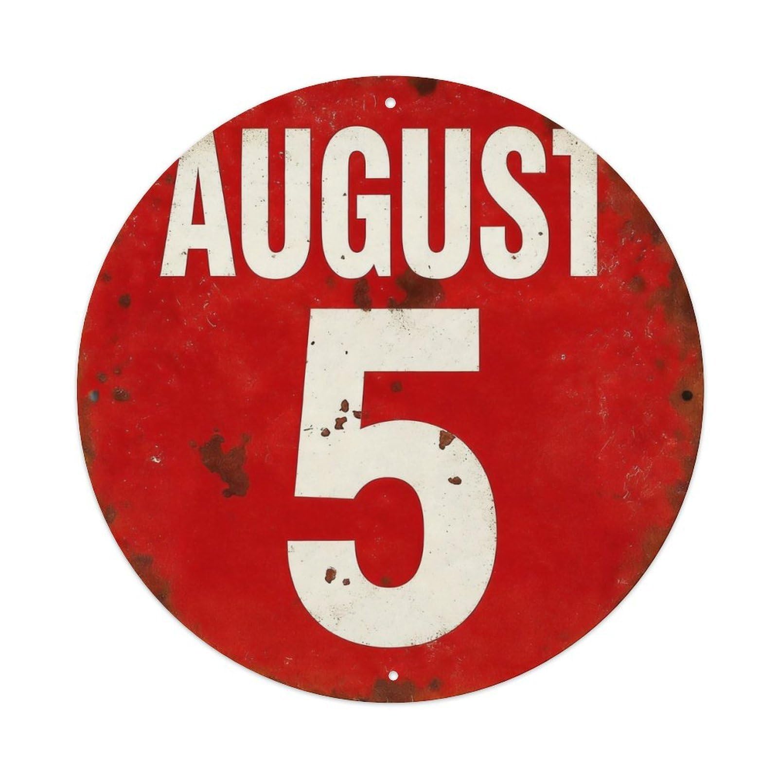August 5 Red Circle Sign Round Tin Sign Vintage Metal Poster Retro Bar, Home, Man Cave, Kitchen, Laundry Room Wall Art Decor Gift 8x8Inch