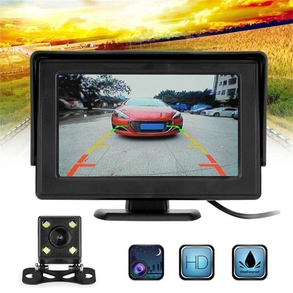 Riloer Zestaw samochodowych kamer cofania, 4,3-calowy cyfrowy monitor TFT LCD + wodoodporna kamera cofania HD do większości pojazdów 8 V-12 V, z 4 diodami LED noktowizyjnymi na podczerwień, szeroki
