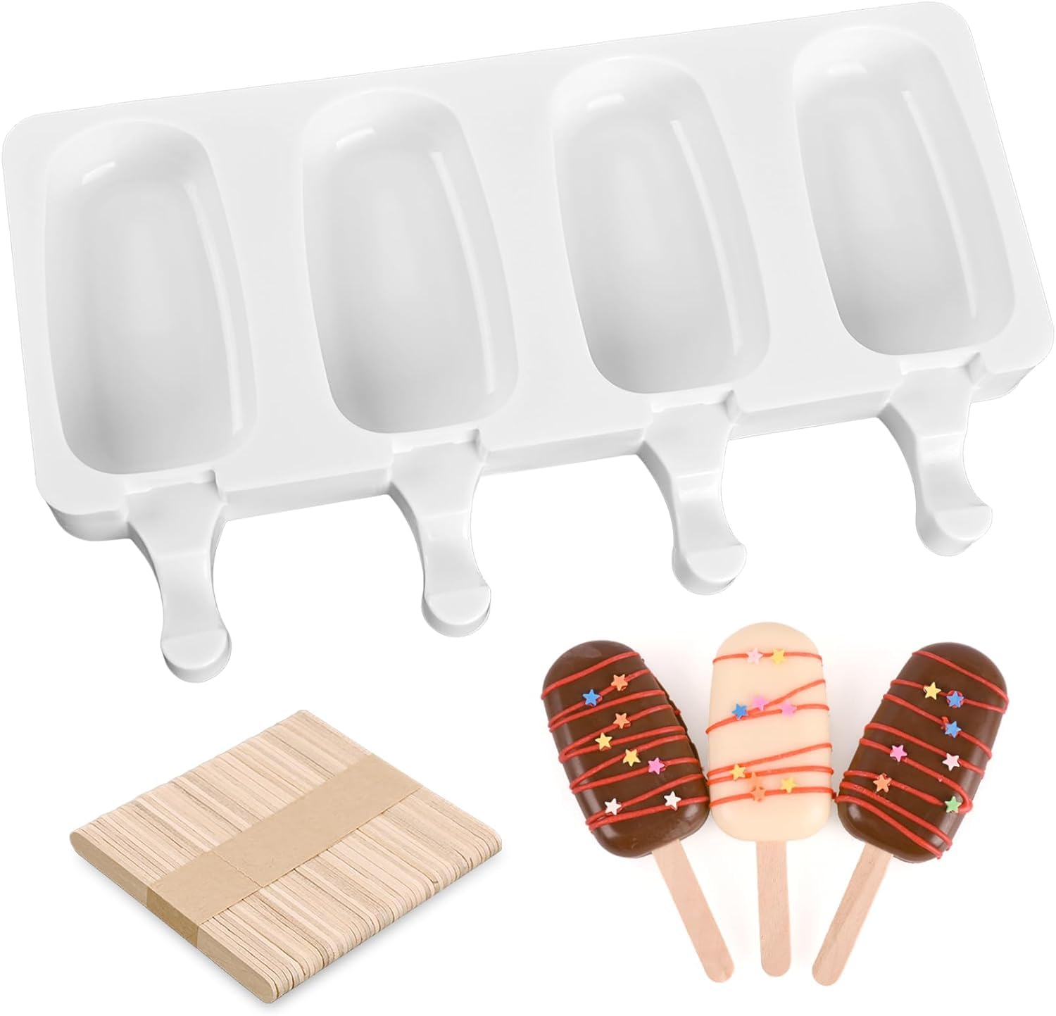Skytail Silicone cakesicle Mould with 50 Wooden Sticks 4 Cavity Oval Shape Popsicle Mold Reusable Ice Pop Makers Ice Cream Kulfi Candy Lolly for Children & Adults Pack of 1 Choco bar Mould (B0D1YHM97H) Amazon Price History, Amazon Price Tracker