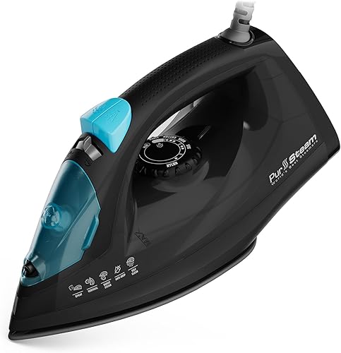 PurSteam - Plancha de vapor profesional de 1250 W, potente vaporizador con ráfaga de vapor y pulverización, suela antiadherente, fácil control de