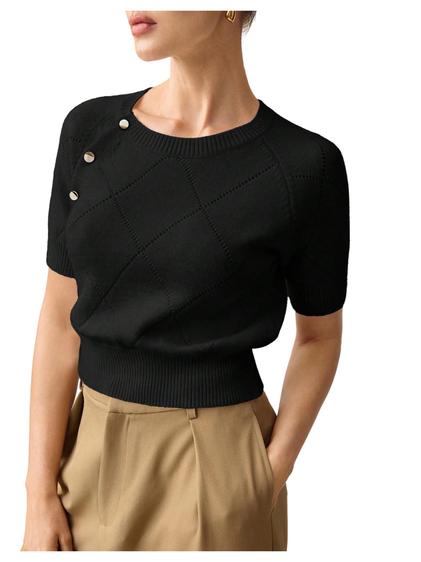 GORGLITTER Womens Button Up Short Sleeve Cropped Sweater Crew Neck Cozy Knitwear Fall Going Out Tops