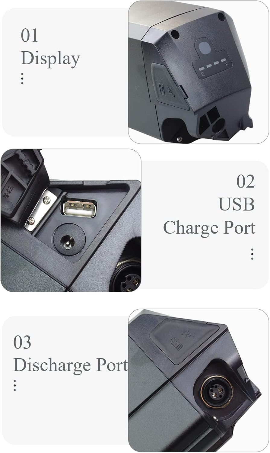Detailed view of battery features: Display, USB Charge Port, Discharge Port