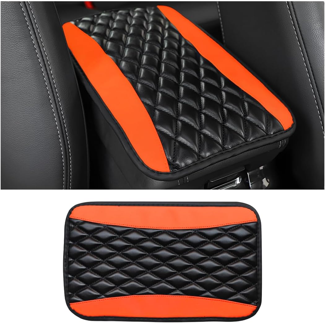Moly Magnolia Car Center Console Cushion Pad, Universal Leather Waterproof Armrest Seat Box Cover Protector,Comfortable Car Decor Accessories Fit for Most Cars, Vehicles, SUVs (Orange)