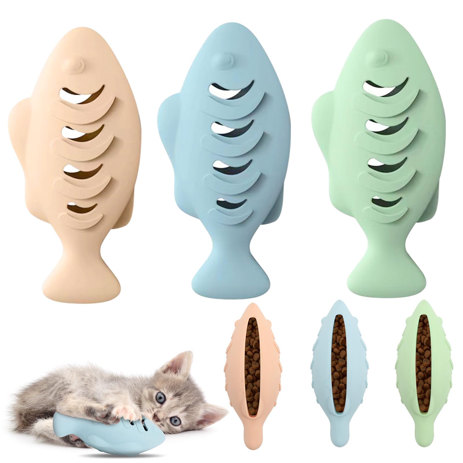 Hyefiomo Fish Shape Cat Toys, 3 Pcs Food-Grade Silicone Kicker for Indoor Cats, Could Be Filled with Catnip or Cat Food, Interactive Toys for Kittens and Adult Cats