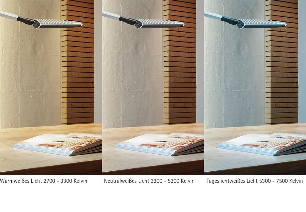 MAUL LED Schreibtischlampe MAULoptimus silber stufenlos dimmbar flexibel | Lichtfarbe für Fokus und Entspannung, frei ausrichtbarer Doppelarm, standfester Fuß, austauschbare Lichtquelle