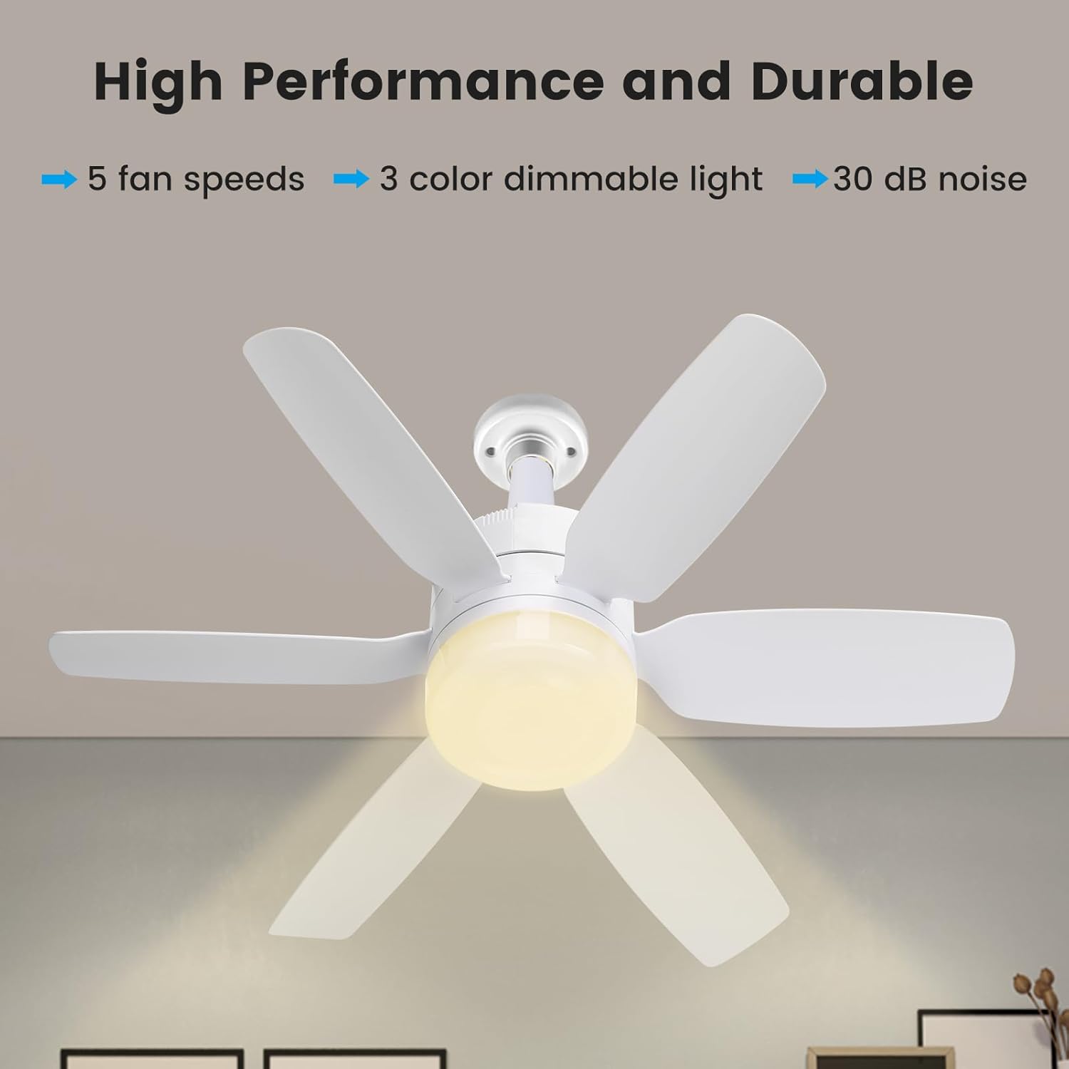 Fanspex 20.5'' Socket Ceiling Fan Light, 5 Fan Speeds with 3 Colors Adjustable Light, 8 Hours Timer (White)