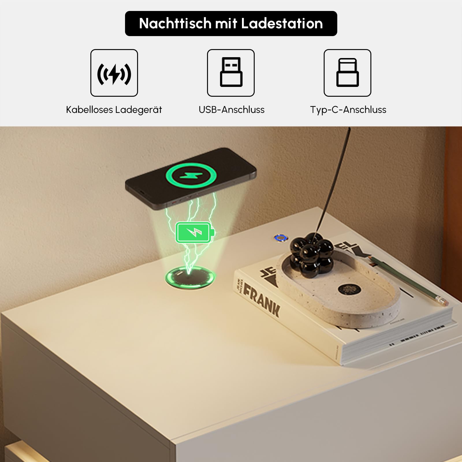 Homary LED Smart Nachttisch mit kabelloser Ladestation, Nachttisch mit Schubladen & USB-Anschlüssen, Modernes Nachtkästchen mit LED-Beleuchtung für Schlafzimmer (Led Weiß 2 Schubladen)