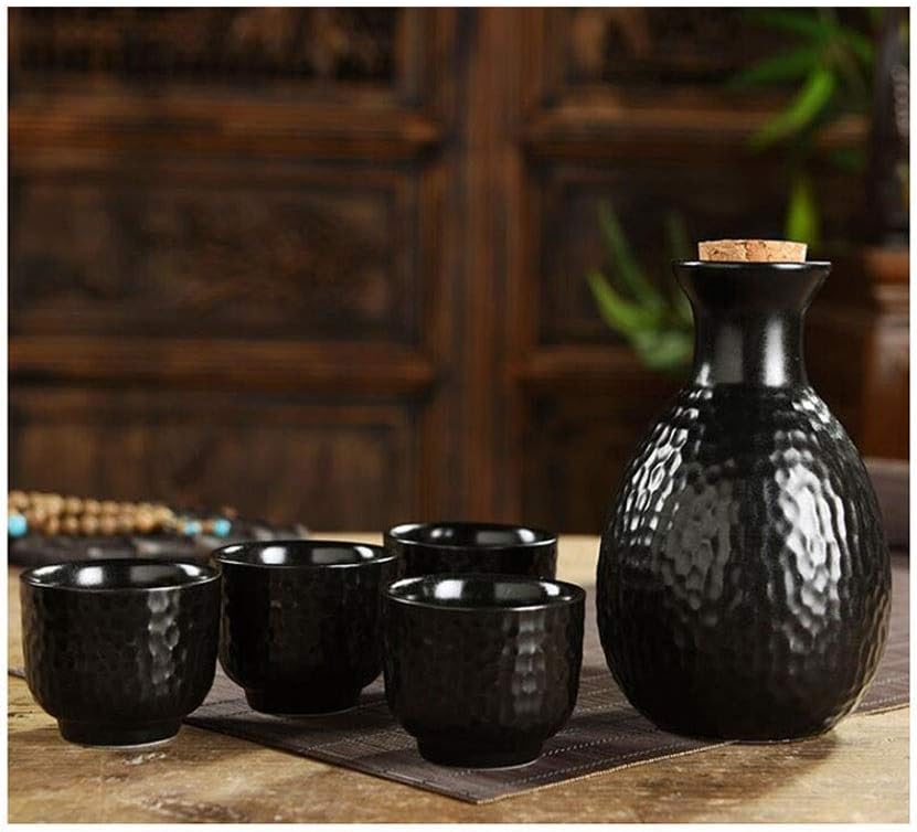 Warm Sake Pot Sake Set Japanese Style Black Ceramic 7-Piece Set