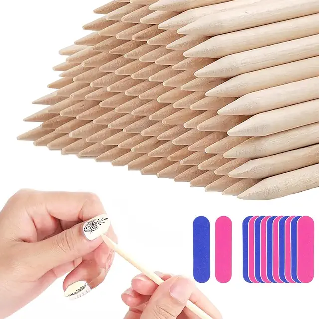 BHIPKOT 100 Orange Wood Manicure Sticks & 10 Sanding Strips for Nails and Feet - Bokkenpootje voor Nagels