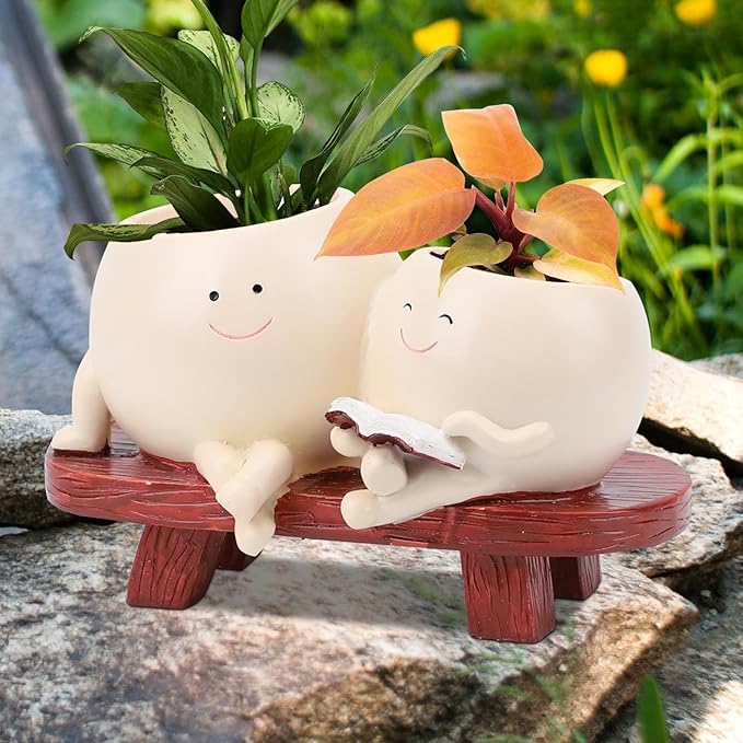 Image of Unique Chair Flower Pots | Cute Succulent Planters in Vintage Chair Design, Indoor & Outdoor Plant Holders for Home & Garden (Smiley Face Chair Succulent Pots), White