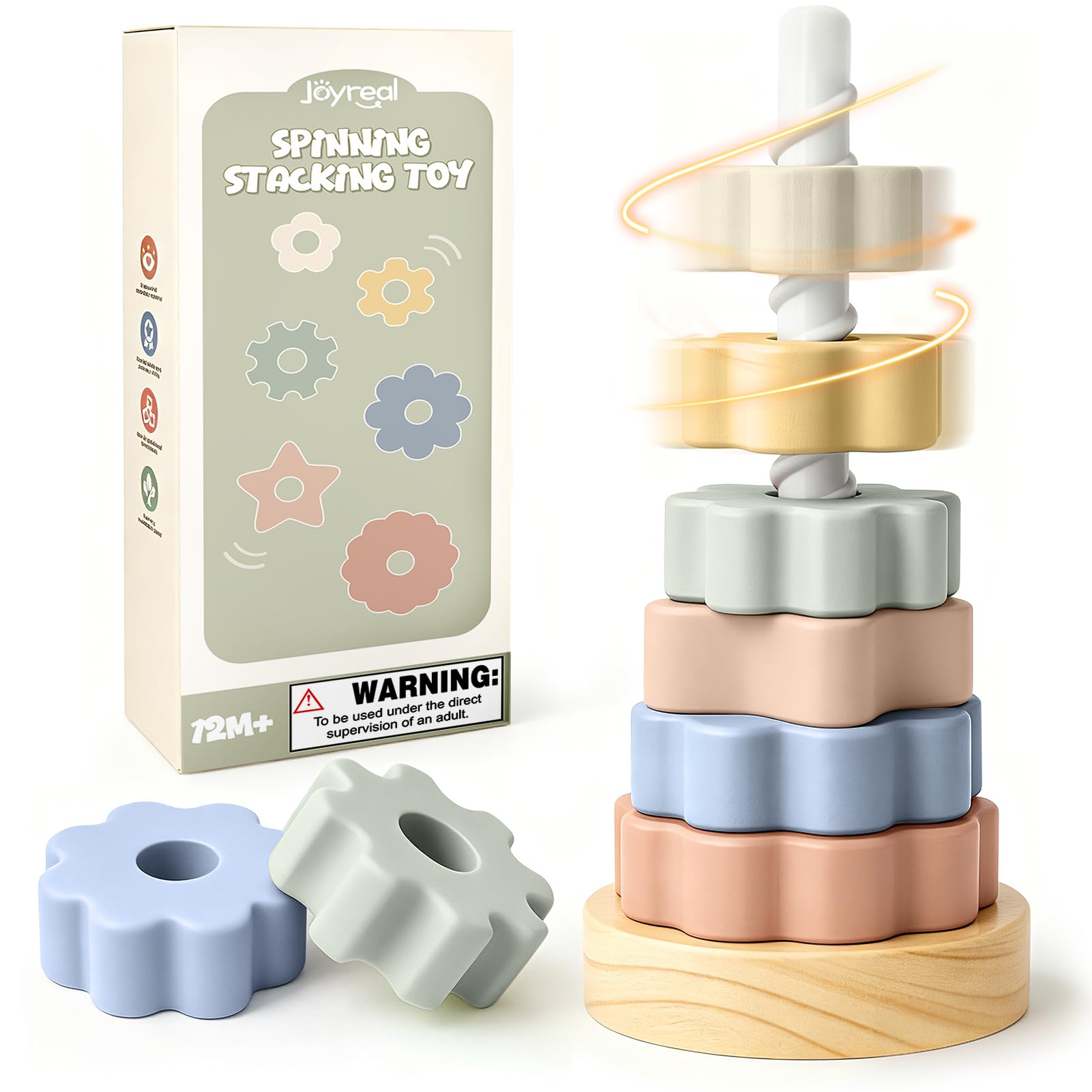 Joyreal Wooden Spinning Stacking Tower - Montessori Toys for 1 2 Year Old, Cause and Effect Toy for Autism, Rainbow Ring Stacker, Sit and Spin Learning Toy for Babies