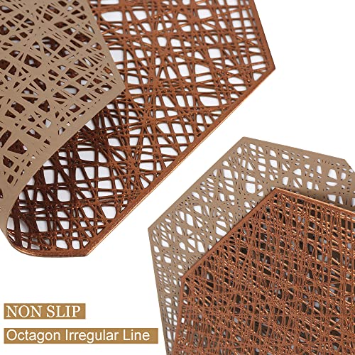 Candumy 6 Pack Bronze Pressed Vinyl Metallic Placemats For Dining Table,15" Octagon Hollow Out Table Mats #TOP1