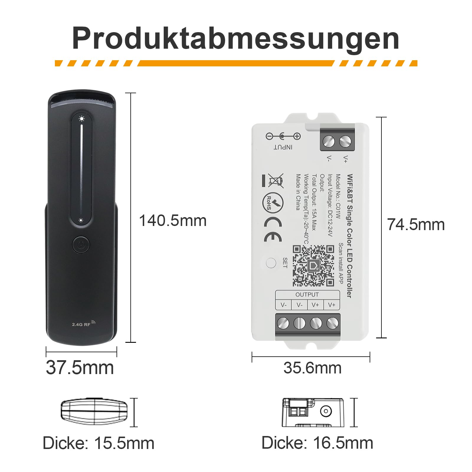 Ściemniacz LED WiFi Single Colour 12 V/24 V – Smart Home Controller z aplikacją Tuya/Smart Life, automatyczne przełączanie Bluetooth, moc 15 A, 2 x V +/V, 2,4 G RF Touch pilot zdalnego sterowania z