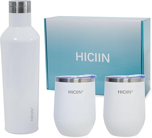 Vasos de Vino de Acero Inoxidable con Tapa DOS de 12oz y Botella de Vino Aislada UNA de 25oz y Juego de Regalo con caja bien empaquetada. Mantiene