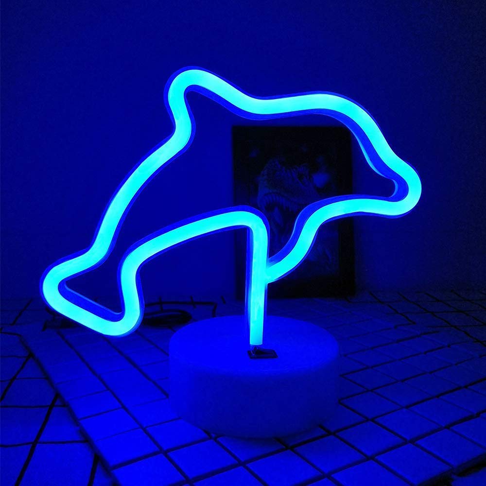 Blue Dolphins Shaped LED Neon Night Neon Signs USB & Battery Powered Neon Lights Neon Light with Base LED Neon Light Signs Light up Birthday Party Kids Room Christmas