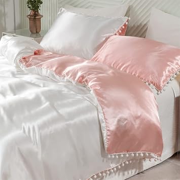 Herside Satin Duvet Cover King Size White Silk Like Satin Bedding Set Reversible White Pink Pom Pom Fringed Silky Duvet Cover Boho Home DecorWhite-Pink, King