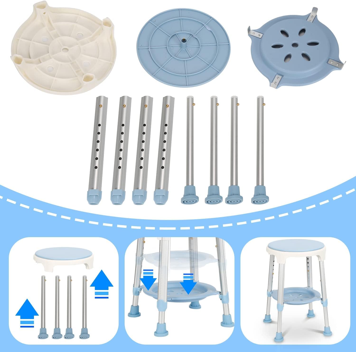 Taboret prysznicowy, krzesło prysznicowe, obracane o 360°, stołek łazienkowy, taboret z miejscem do przechowywania, regulacja wysokości 42-54 cm, obciążenie 136 kg, stabilny taboret łazienkowy