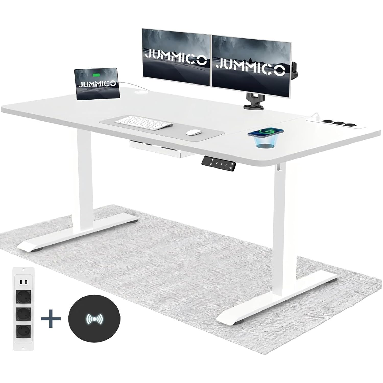 JUMMICO Höhenverstellbarer Schreibtisch 160x80cm mit Kabelloser Ladestation und Euro-Steckdose mit USB, Schreibtisch Höhenverstellbar Elektrisch Stehtisch, Standing Desk Weiß