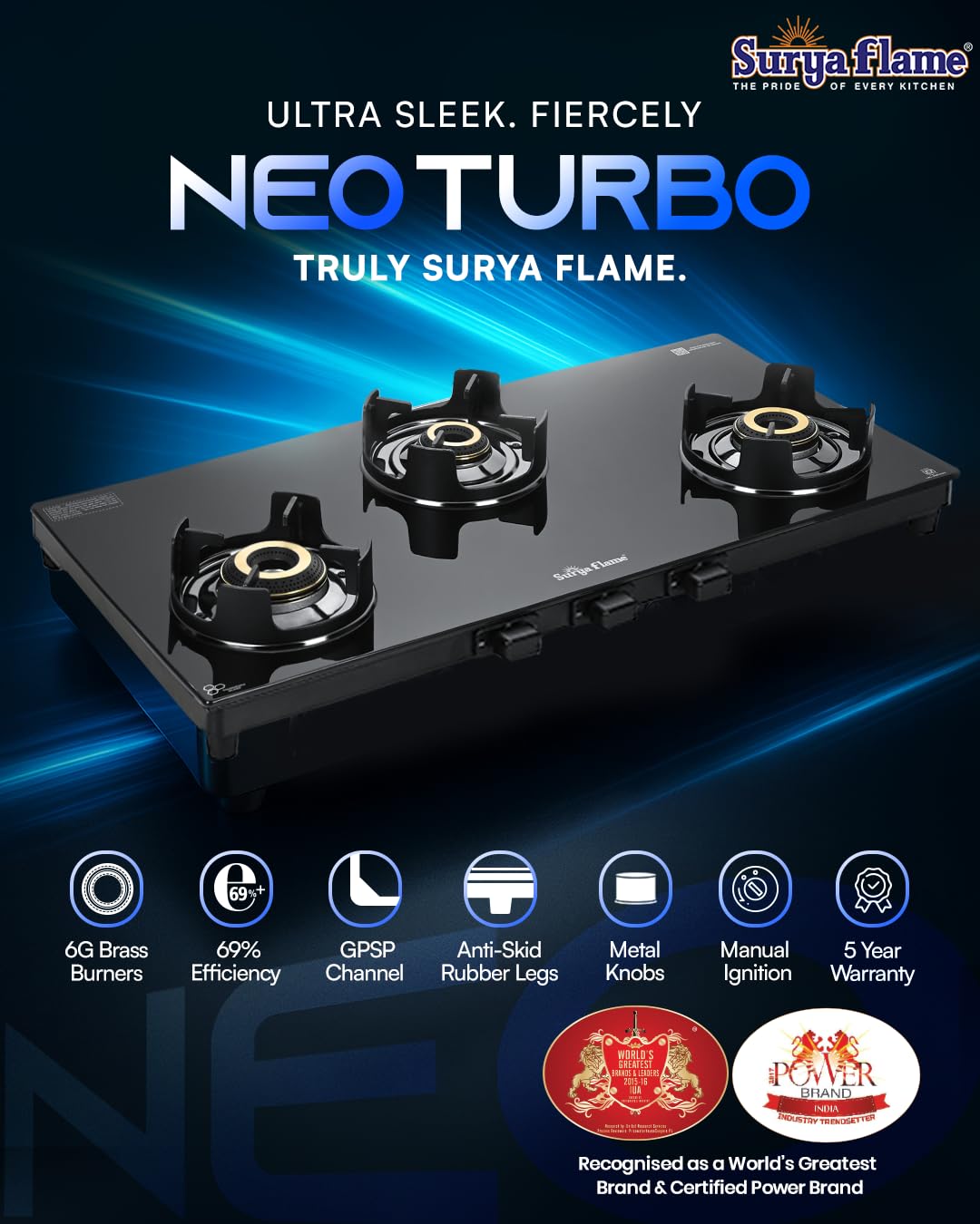 Surya Flame Neo Turbo 3 Burner Gas Stove - 5 Year Warranty -3 Surya Flame Neo Turbo 3 Burner Gas Stove - 5 Year Warranty -3
