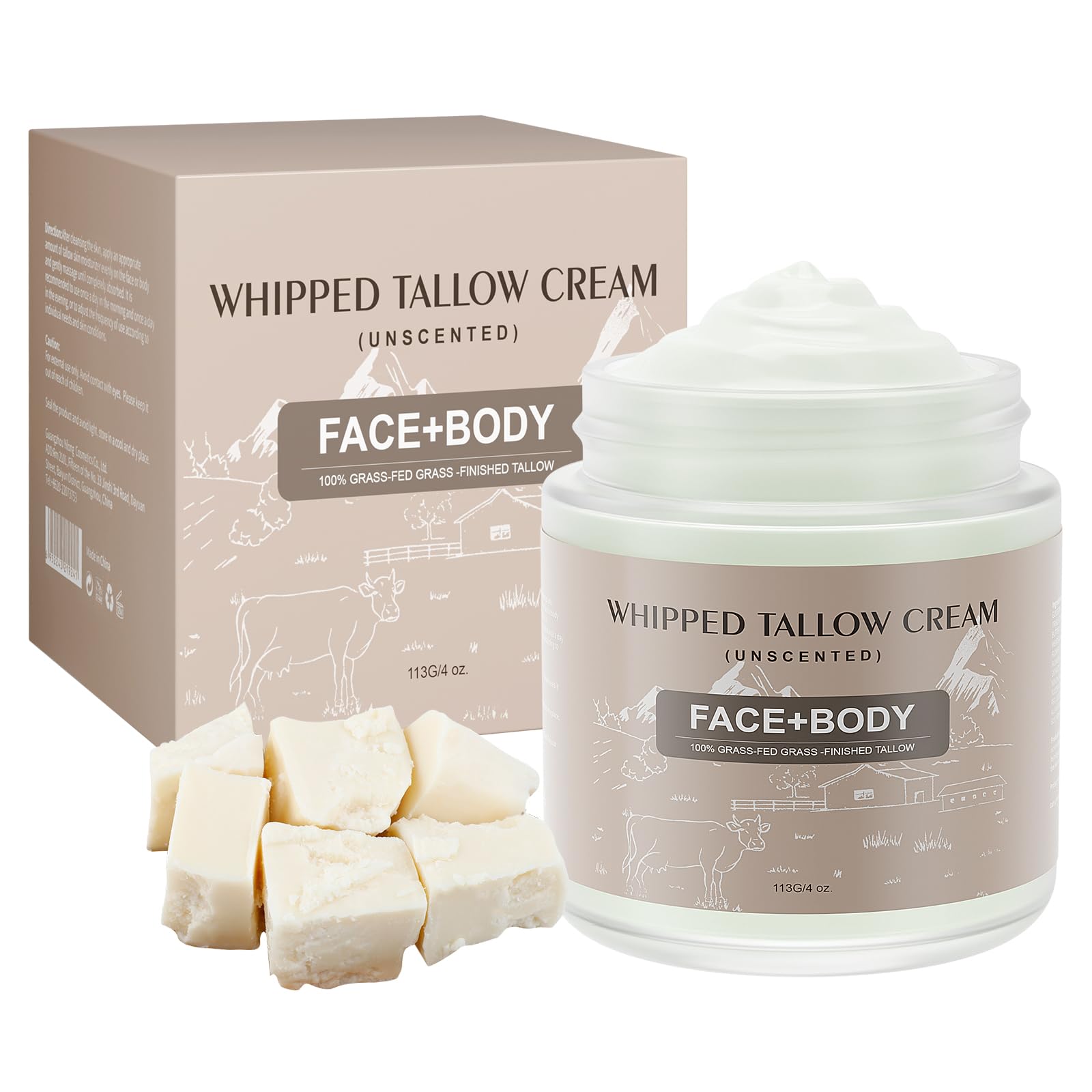 Ofanyia Beef Tallow for Skin, 4 oz Whipped Tallow Cream for Sensitive Skin, Tallow Face Moisturizer for Repairing Damaged Dry Skin, Beef Tallow Grass Fed Lotion for Skin Care (UNSCENTED)