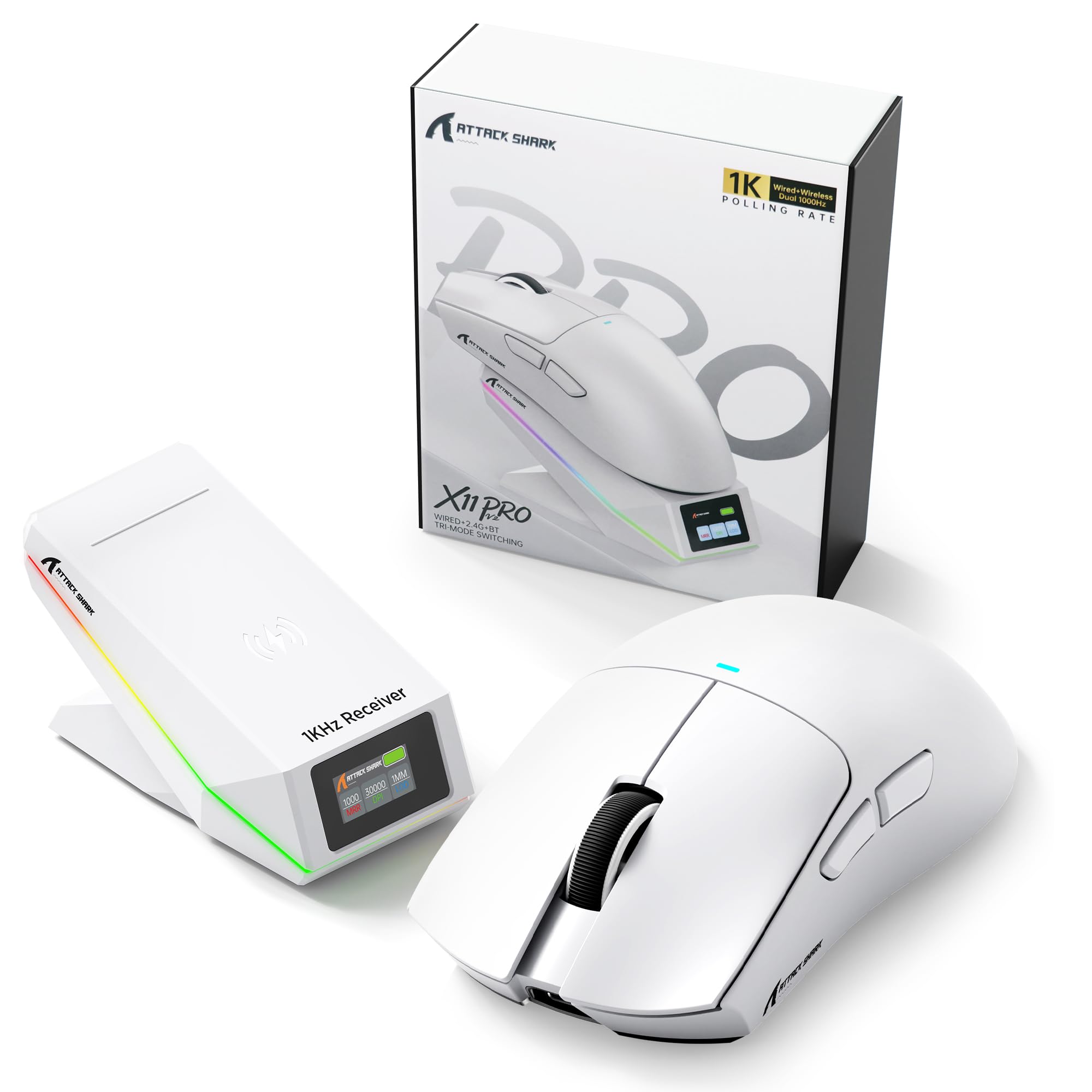 ATTACK SHARK X11 Pro V2 Souris Gaming sans Fil avec Dock TFT, Blanc A