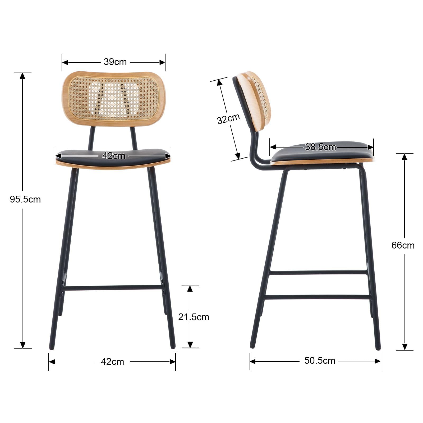 Ya-Home Set di 2 Sgabelli da Bar Sgabelli Cucina Retrò in Rattan Sgabelli Alti con Cuscino in Ecopelle Sedia da Bar con Gambe in Metallo per Cucina Bancone,Nero