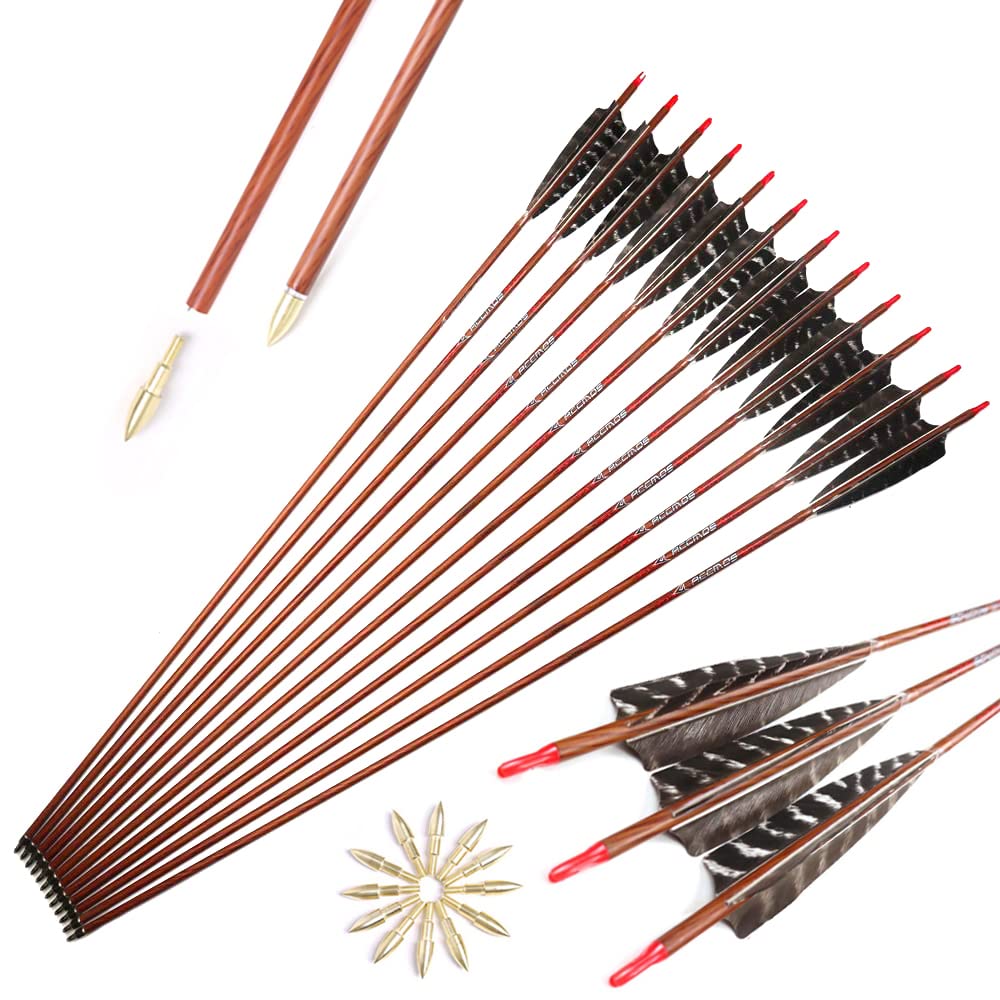 ACCMOS 28-32 inches Spine 400 500 600 700 Wood-like Carbon Arrow ID 6.2mm Hunting Arrow 5 inch Turkey Feathers, for Archery 6/12 pcs (Spine 700, 12pc 32inch)