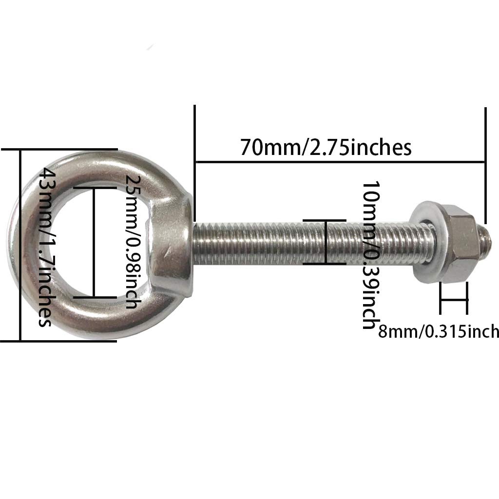 Shoulder Eye Bolt, 4 Pack M10 Stainless Steel Shoulder Eye Bolts 2.75" Eye Bolts Heavy Duty EyeBolts Screws in Eye Hooks with Washer and Nuts Muti-Function for Indoor Outdoor,Thread 70mm