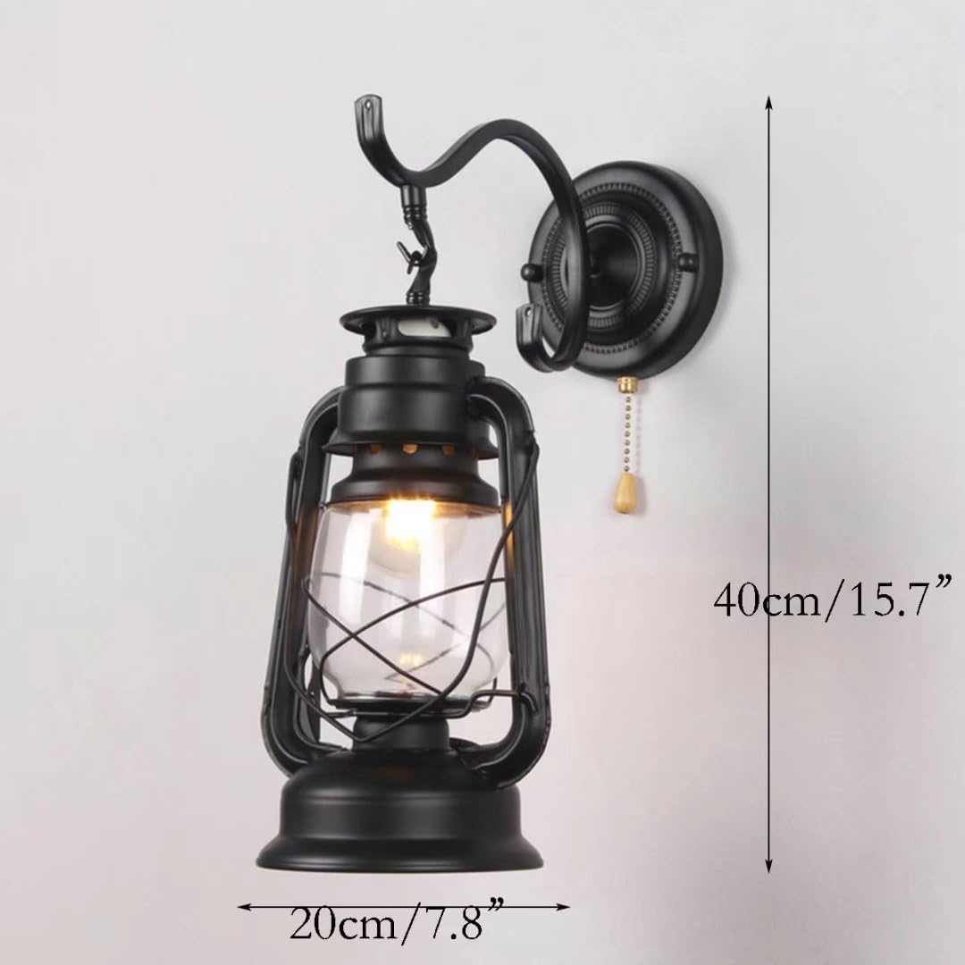 Review Product Retro Pull Chain Switch Lantern Wall Lamp Kerosene Wall Sconces,Metal Transparent Glass Lampshade