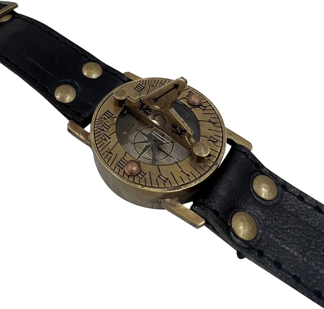 Vintage Antique Sundial Compass with Leather Band Retro Watch Compass Nautical Comfort Wear Handmade Article Camping Compass, Boating Compass, Gift Compass