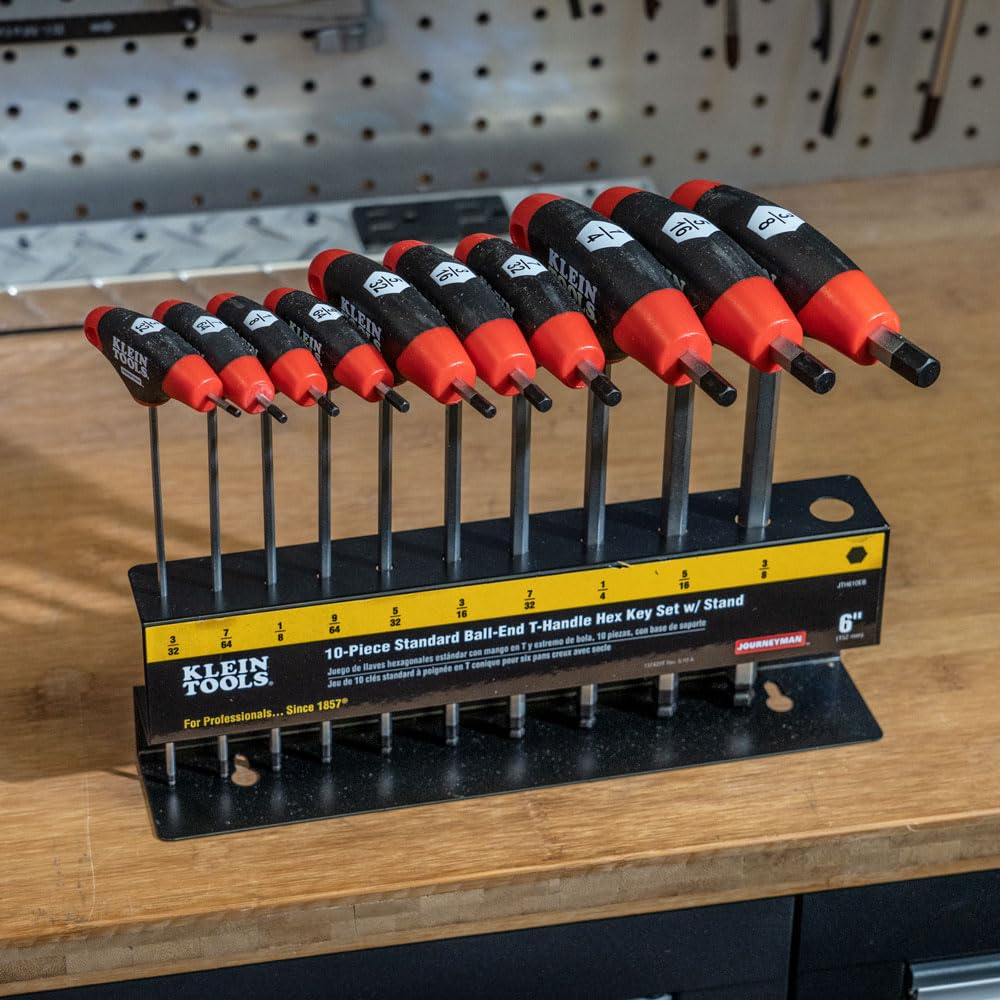 KLEIN TOOLS JTH610EB Zestaw kluczy imbusowych z uchwytem w kształcie litery T, zestaw kluczy imbusowych SAE z ostrzami 15 cm, stojak w zestawie, 10-częściowy