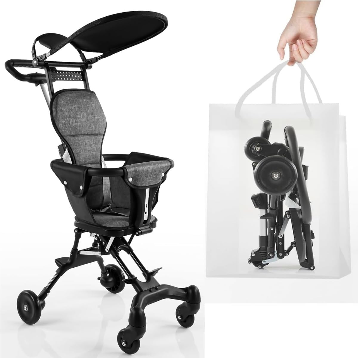 Foldable Baby Stroller with Push Handle & Safety Guard Rail | Lightweight Compact Baby Pram with 5 Point Safety Harness, Smooth Wheels, Adjustable Footrest & Travel Friendly Toddler Pushchair | Black-picture-25