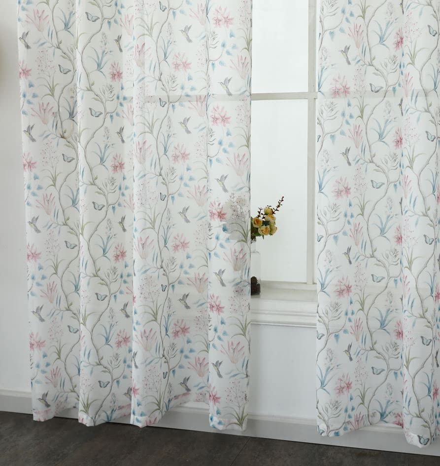 1 Pair Of Humming Bird Butterfly Floral Design Slot Top White Voile Panels - 55" (140cm ) x 48" (122cm) Drop - Image 2