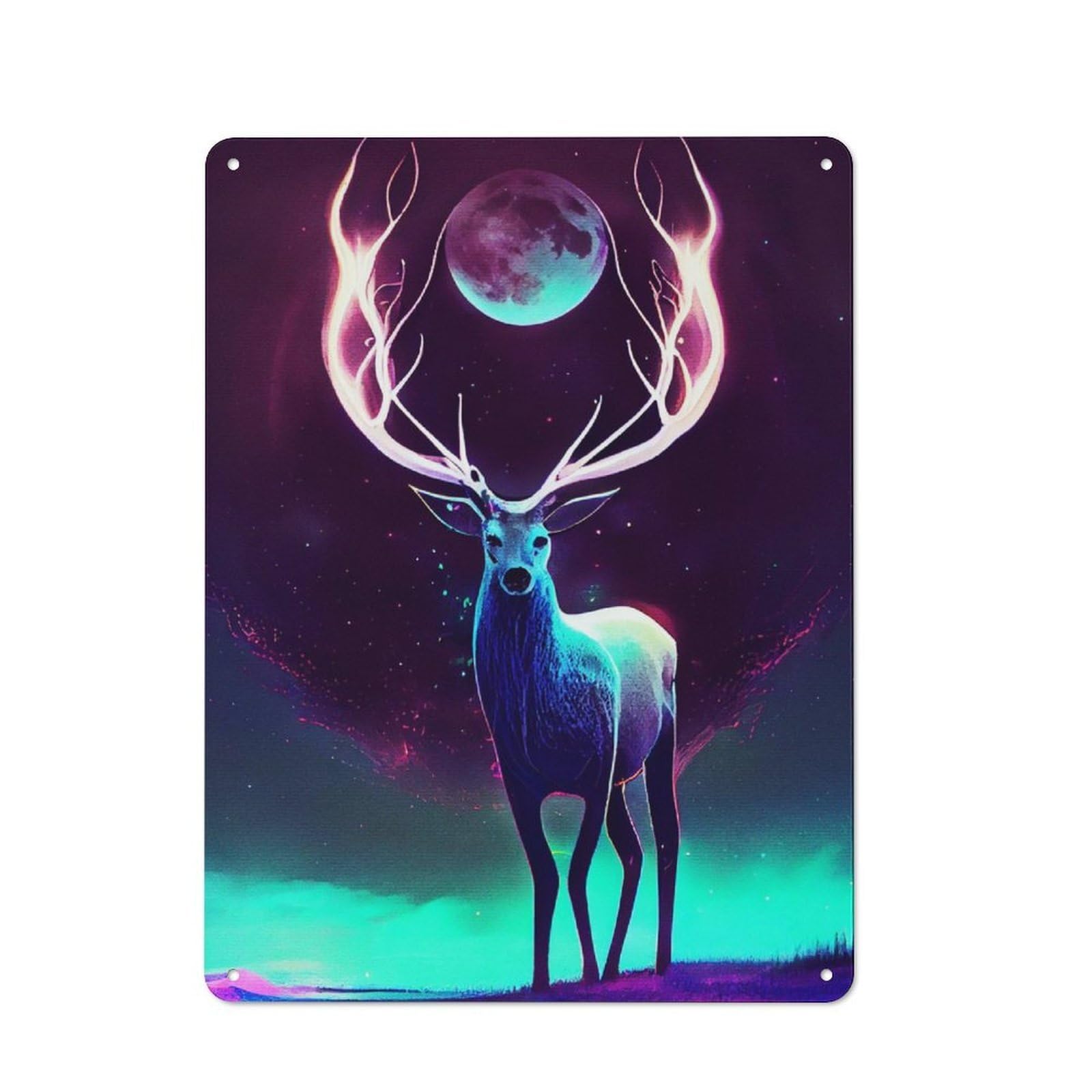 Junmoney Deer And Moon Painting Rustic Metal Wall Decor 40X30cm, Country Metal Sign For Kitchen, Cottage, Porch Or Garden Room