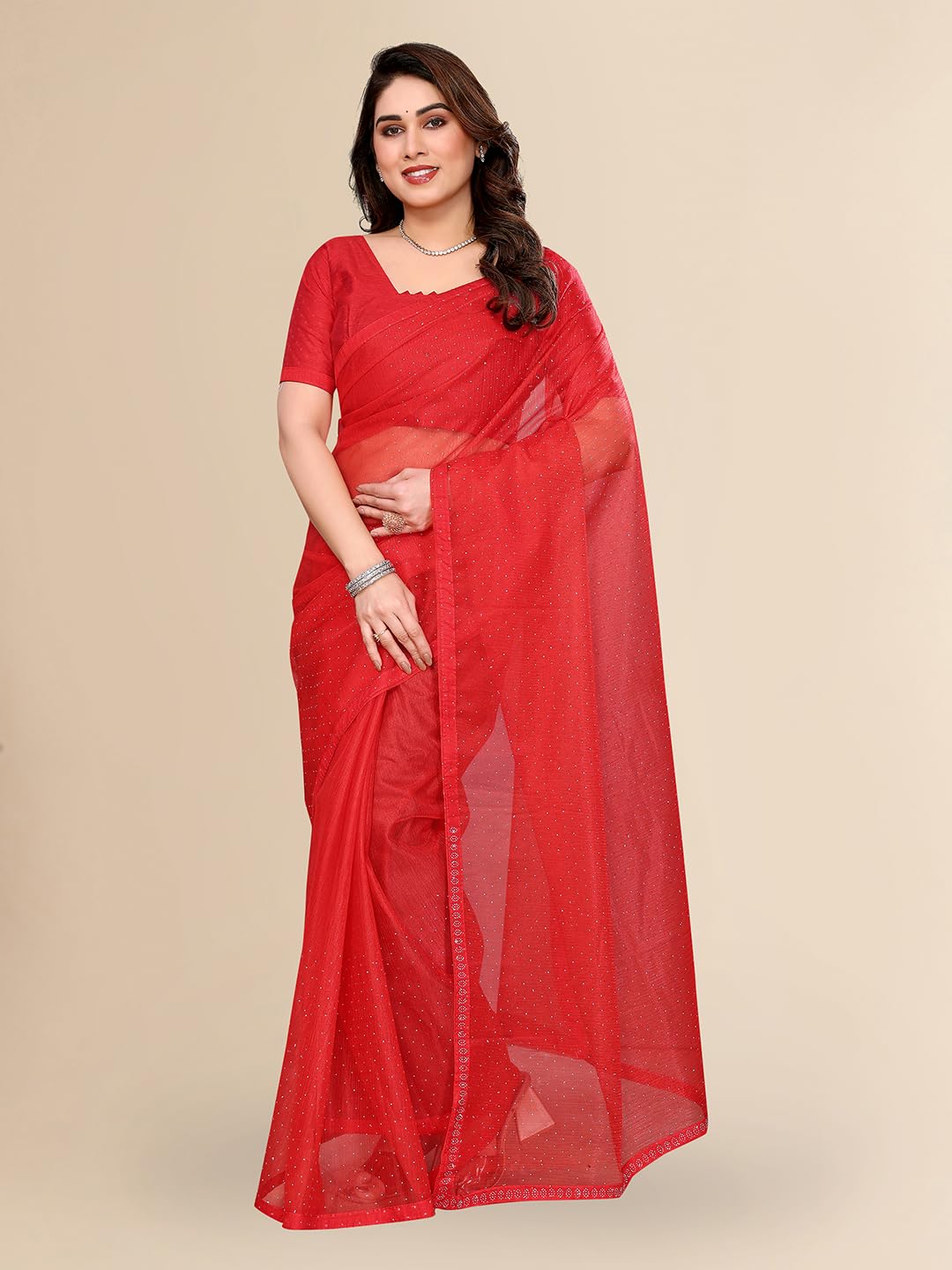 Women's Net Fabric Lace Border Saree With Unstitched Blouse Piece