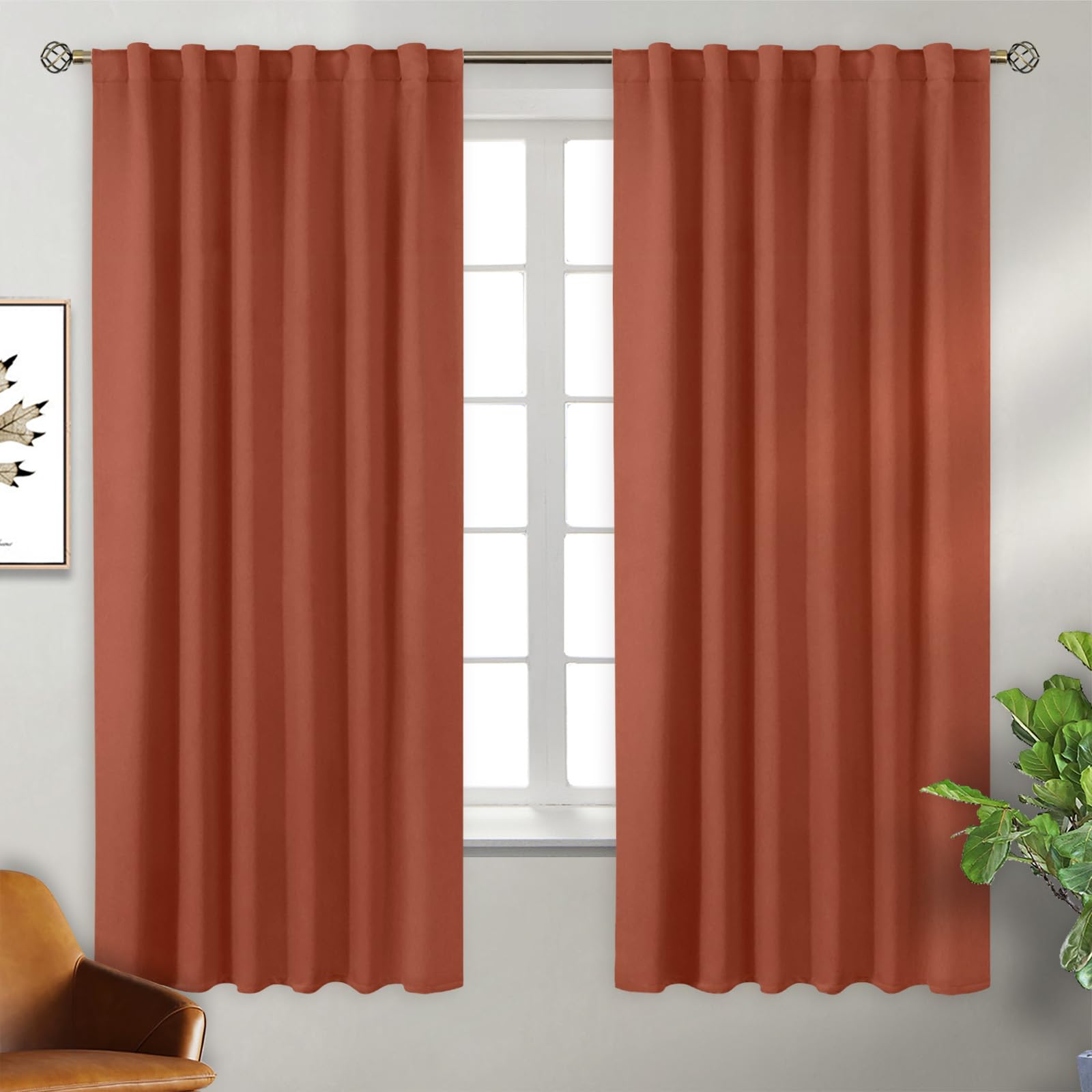 BGment Terracotta 63 inch Blackout Curtains for Bedroom - Thermal Insulated Noise Reducing Energy Efficiency Black Out Rod Pocket and Back Tab Fall Curtains for Living Room, 2 Panels, 52 x 63 Inch