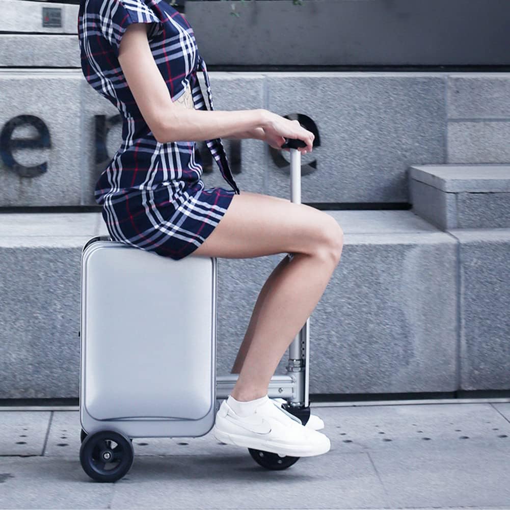 RNQZRNQZ 20 Inch Carry On Luggage,Lightweight Smart Electric Ride On Trolley, PC Hardside Travel Luggage with Spinner Wheels and TSA Lock, for woman man,White