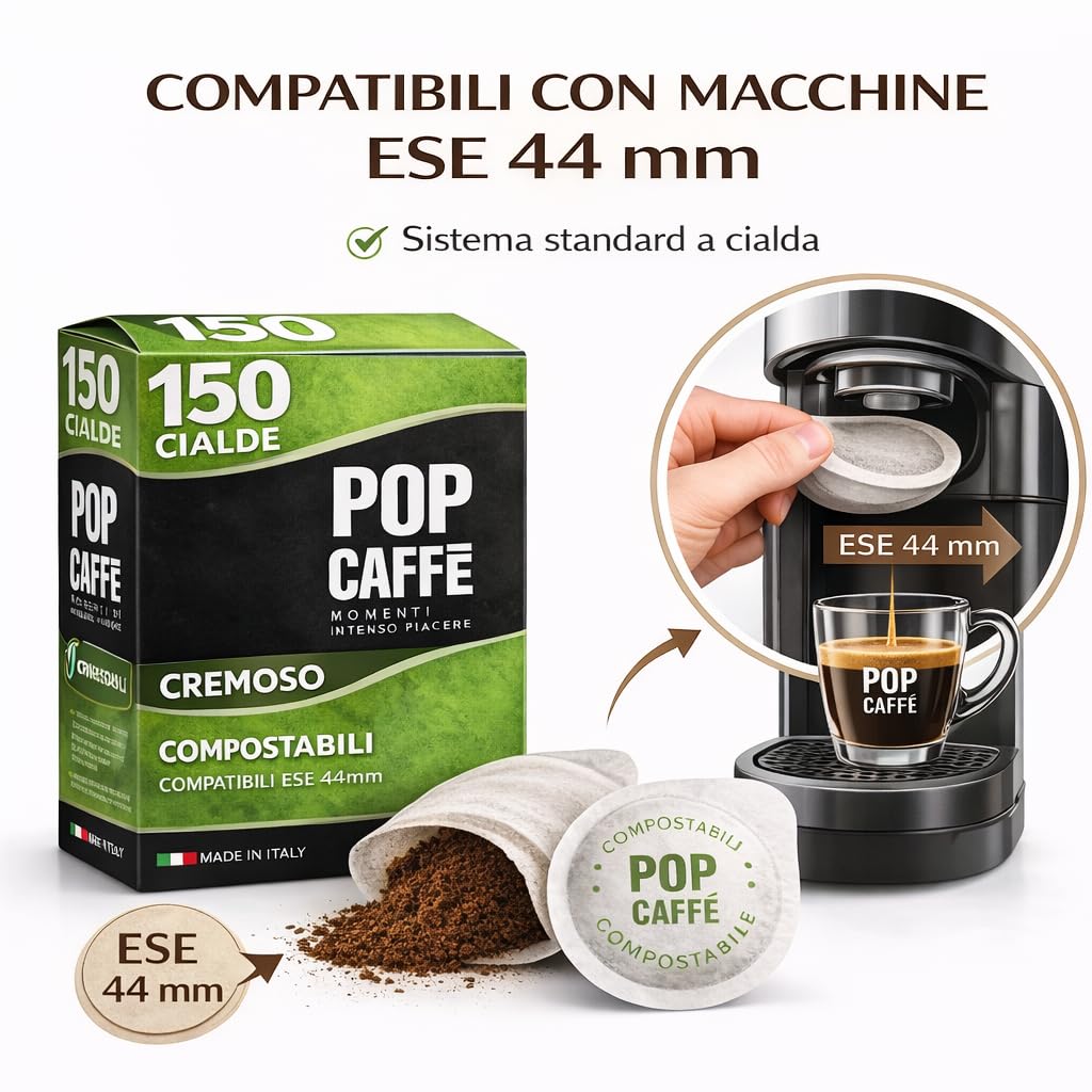 POP Caffè Cialde ESE 44 Compostabili – 150 Cialde Caffè Miscela Rossa Cremosa, Espresso Intenso, Compatibili con Macchine ESE 44mm