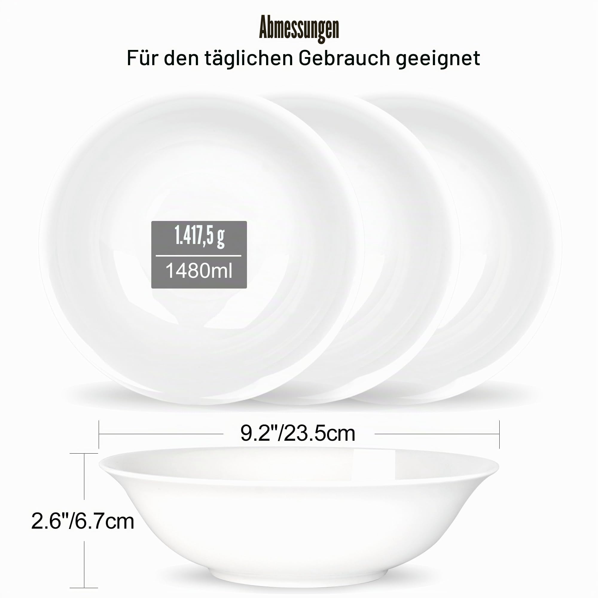 Suppenteller, 4Teilige 1.5L Tief Pastateller Salatschüssel, Groß Knochen porzellan Servier Schüssel Teller Set für Salat Pasta Eintopf Ramen Pho Obst, Weiß Keramik Schale Φ23.5cm