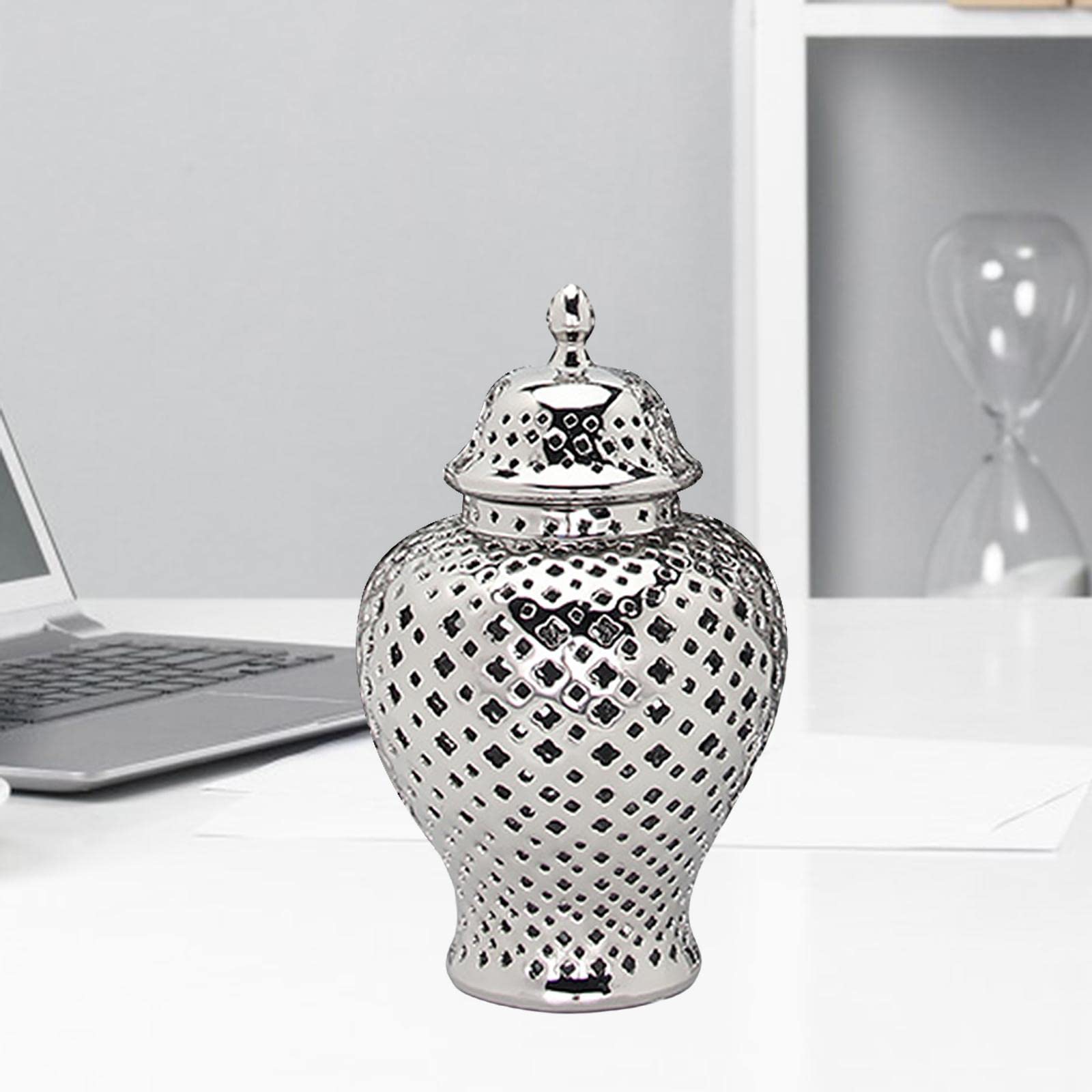 Ginger Jar Porzellan Behälter Vase Dekorativer Handgehobelt Stilvoll mit Deckel für Heimtextilien Sammlung Ausstellung, Silber