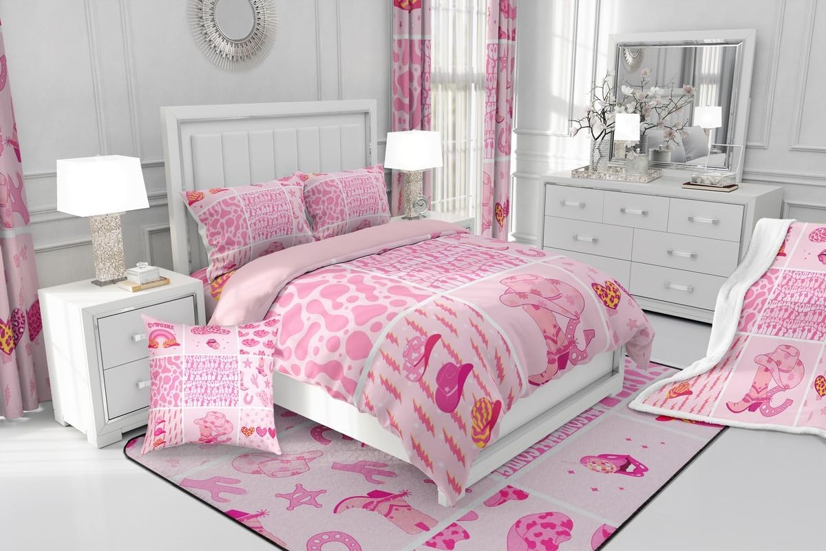 Feelyou Pink Western Decor Comforter Cover Set Full Size Wild West Cowgirl Bedding Set Children Cowgirl Boots Hats Horseshoes Bedding Duvet Cover Set Patchwork Grid Bedspread Cover 3Pcs(No Comforter)