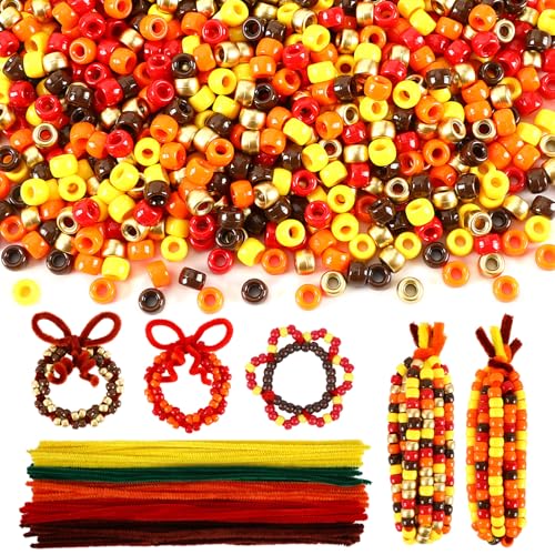 UPINS 1500Pcs Fall Colored Pony Beads and 150Pcs Pipe Cleaner