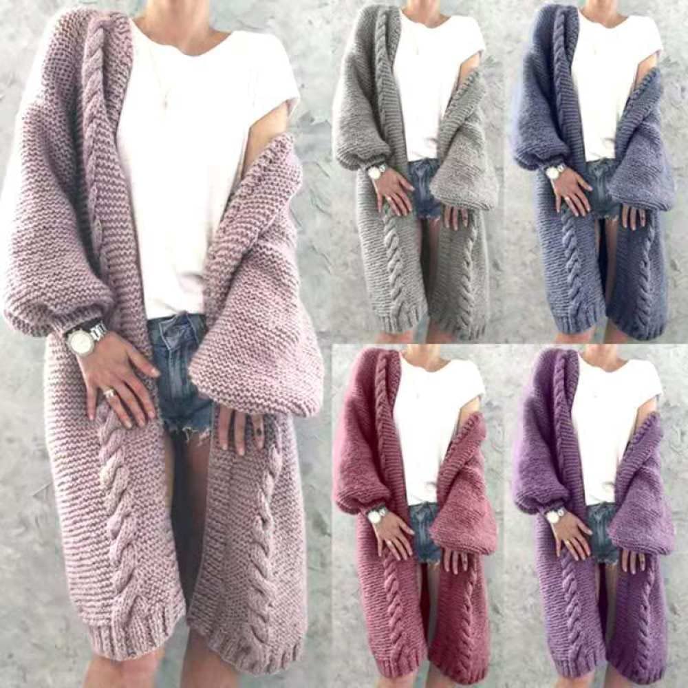 HGJH Damen Strickjacke Langarm,Damen Strickpullover Offen Lang Cardigan Grobstrick Kimono Einfarbig Grau Mode Langarm Cardigan Weich Elegant Herbst Leichte Jacke Für Casual Business